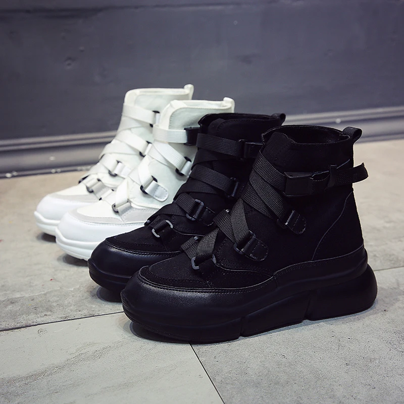 Fujin/Новинка года; парусиновые ботильоны для женщин; ботинки на платформе с застежкой-липучкой; модные черные ботинки в стиле панк; обувь на плоской подошве; зимние ботинки