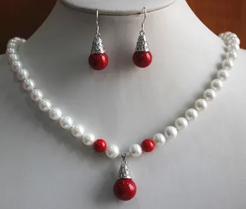 

Hot sell free shipping ~~ 2 styles for choosing! 8mm white/red/orange shell pearl necklace+14mm earrings and pendant jewelry set