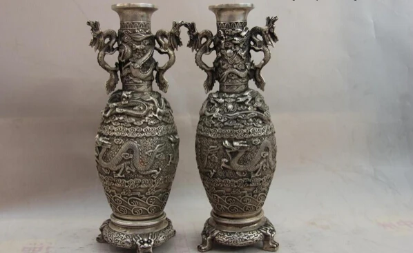

150401 S1106 China White Copper Silver Feng Shui God animal Dragon Play Bead Pot Vase Pair