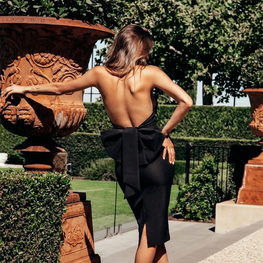 

KLEEZY Fashion Femme Black Halter Big Bow Sleeveless Long Bodycon Elegant Dress Sexy Party Lady Mid-calf Dress BY1018