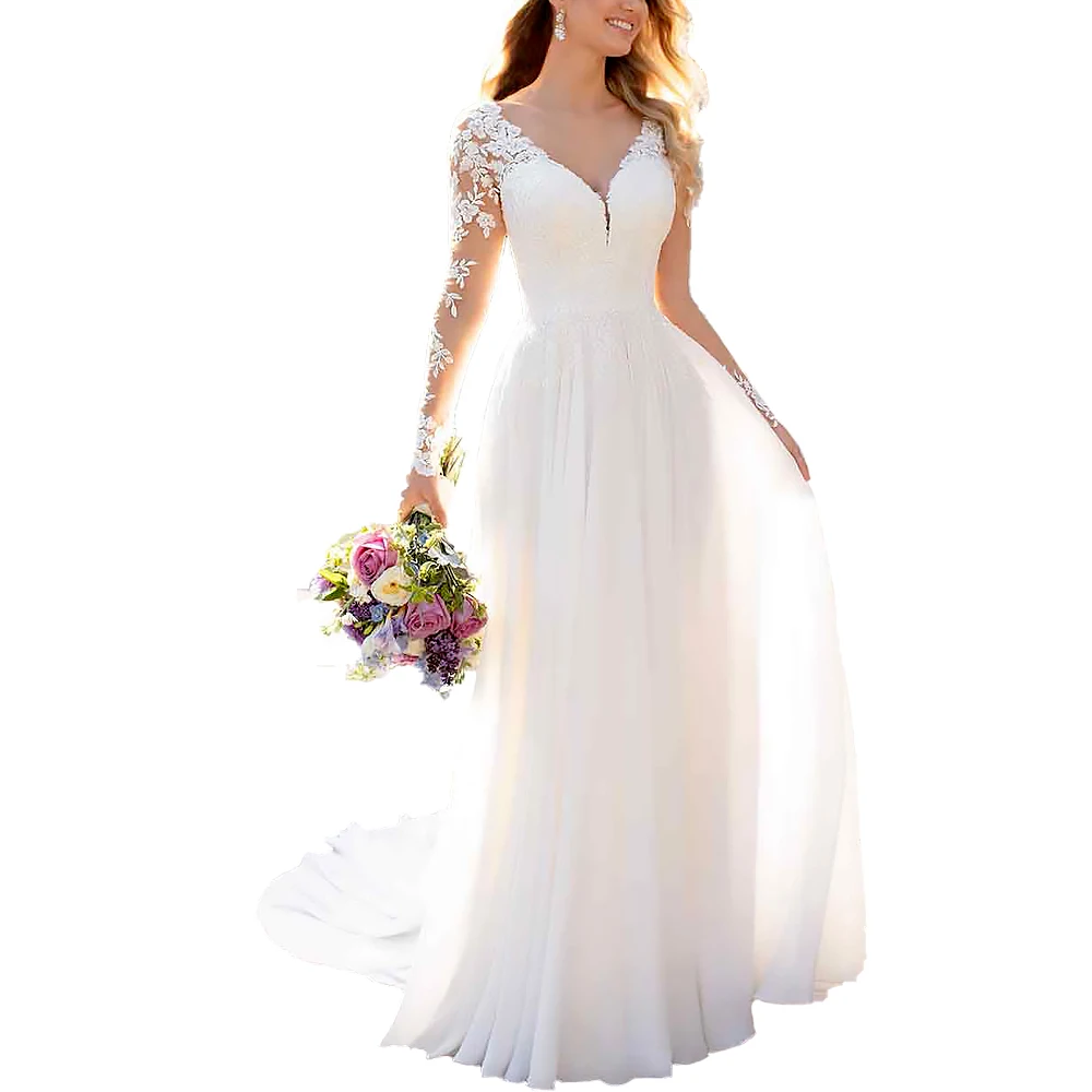 

Beach Wedding Dresses Long Sleeves Bridal Gowns 2019 Sexy V Neck A Line Vestido De Novia Illusion Open Back Robe de Mariage