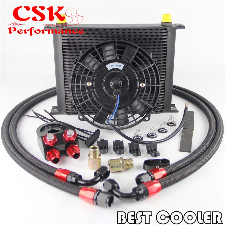 30 Rows AN8 Oil Cooler +7" Electric Fan + Filter Adapter Kit BLACKin