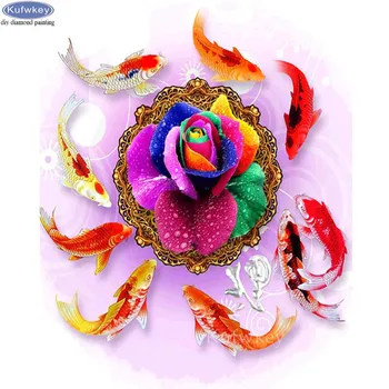 

5D diy diamond Painting Cross Stitch Full/Round Resin Drill diamond embroidery Koi fish Nine fish rose flower picture Mosaic kit
