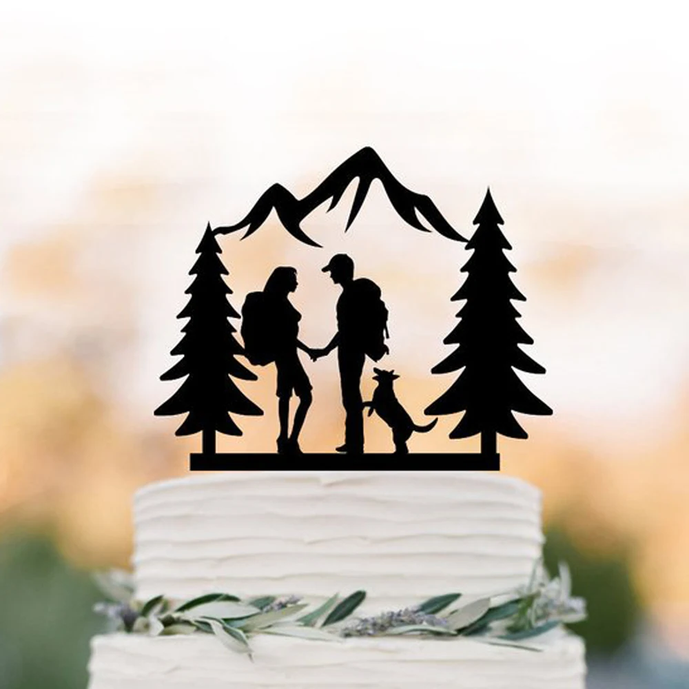 Backpacking Bride & Groom outdoor wedding Mountain Wedding Cake Topper with trees Hiking Couple wedding cake topper with dog