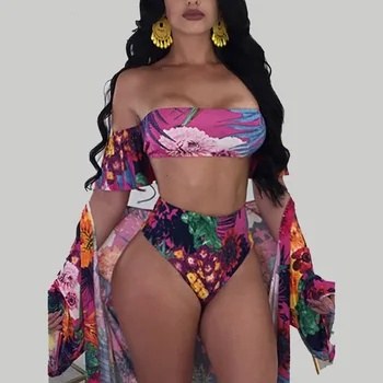 

Sexy Bikini Set Bandeau Top Bathing Suit Swimwear Women High Waist Flouncing Swimsuit Two Piece Beachwear Badpak Plavky Maillot