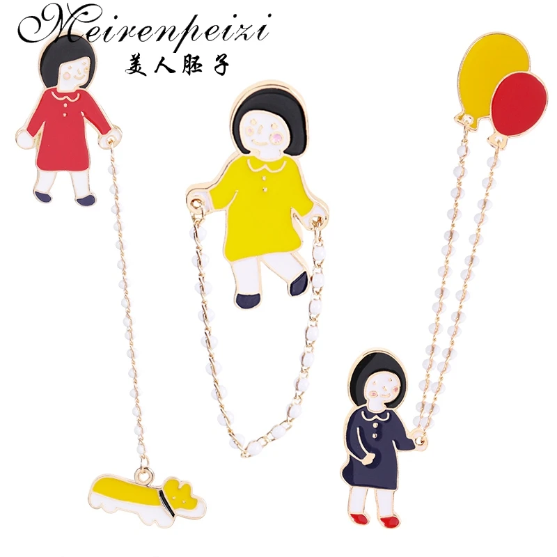 

Meirenpeizi Pins and brooches Girl with dog balloon Walk the dog pin Brooches Lapel pin collar jewelry