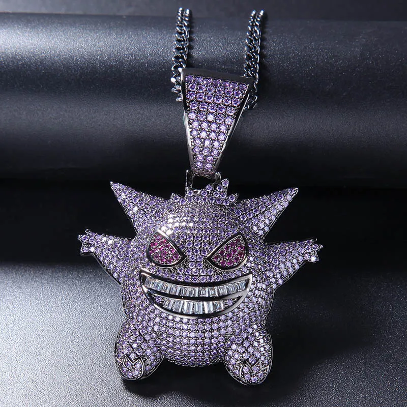 Синий AAA CZ циркон проложили Bling Ice Out маска покемона Gengar кулон ожерелье для мужчин хип хоп рэппер ювелирные изделия с 5*700 мм кубинская цепь