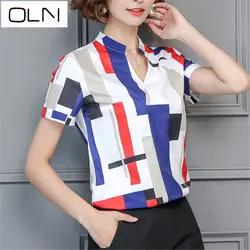 Футболки женские рубашки OLN Корейская рубашка женские с коротким рукавом Новый v-образный вырез клетчатая шифоновая рубашка большой размер