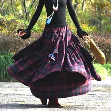 Домашняя Новинка в этническом стиле Плотная юбка Весенняя женская клетчатая широкая юбка длинная юбка/женская/темно-красная клетчатая юбка