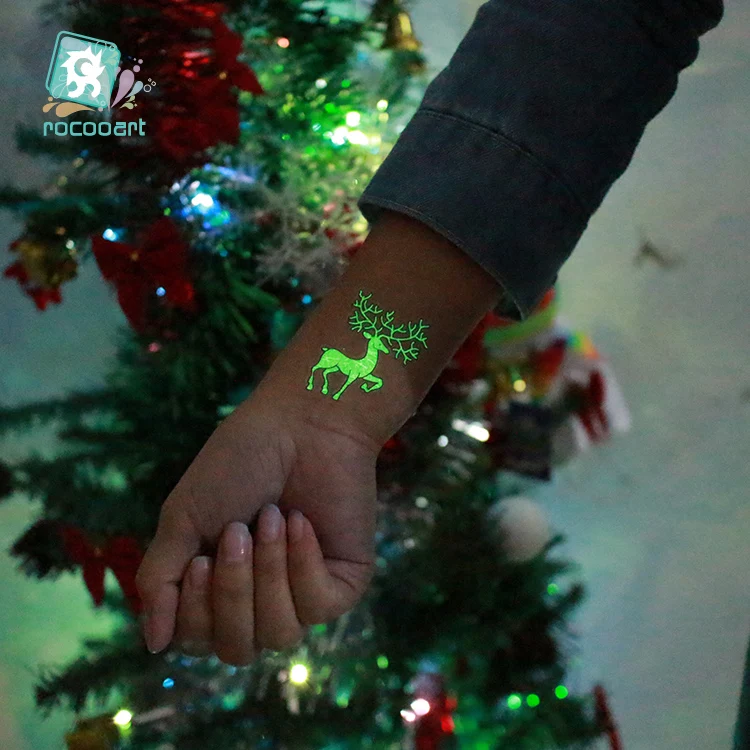 Rocooart Рождественская светящаяся Татуировка Снеговик Тати для детей поддельные татуировки Рождественские Светящиеся в темноте водонепроницаемые временные татуировки наклейки