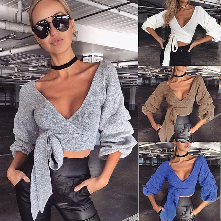 

Women Sexy Deep V Neck t shirt Long Sleeve Crop Tops Bandage Female Solid Lace Up Shirts