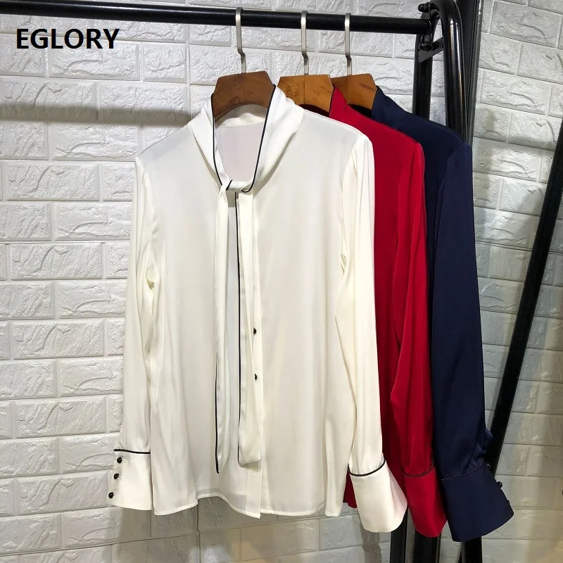 

Top Quality Women's Blouse Shirt 2019 Spring Summer Bow Shirt Ladies Solid White Red Dark Blue Elegant Office Shirt Silk Blouses