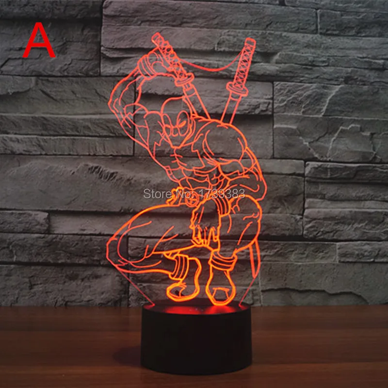 Free Ship 7 Color Changing Hero Deadpool 3D LED Night Light USB LED Decorative LED Table Lamp Color