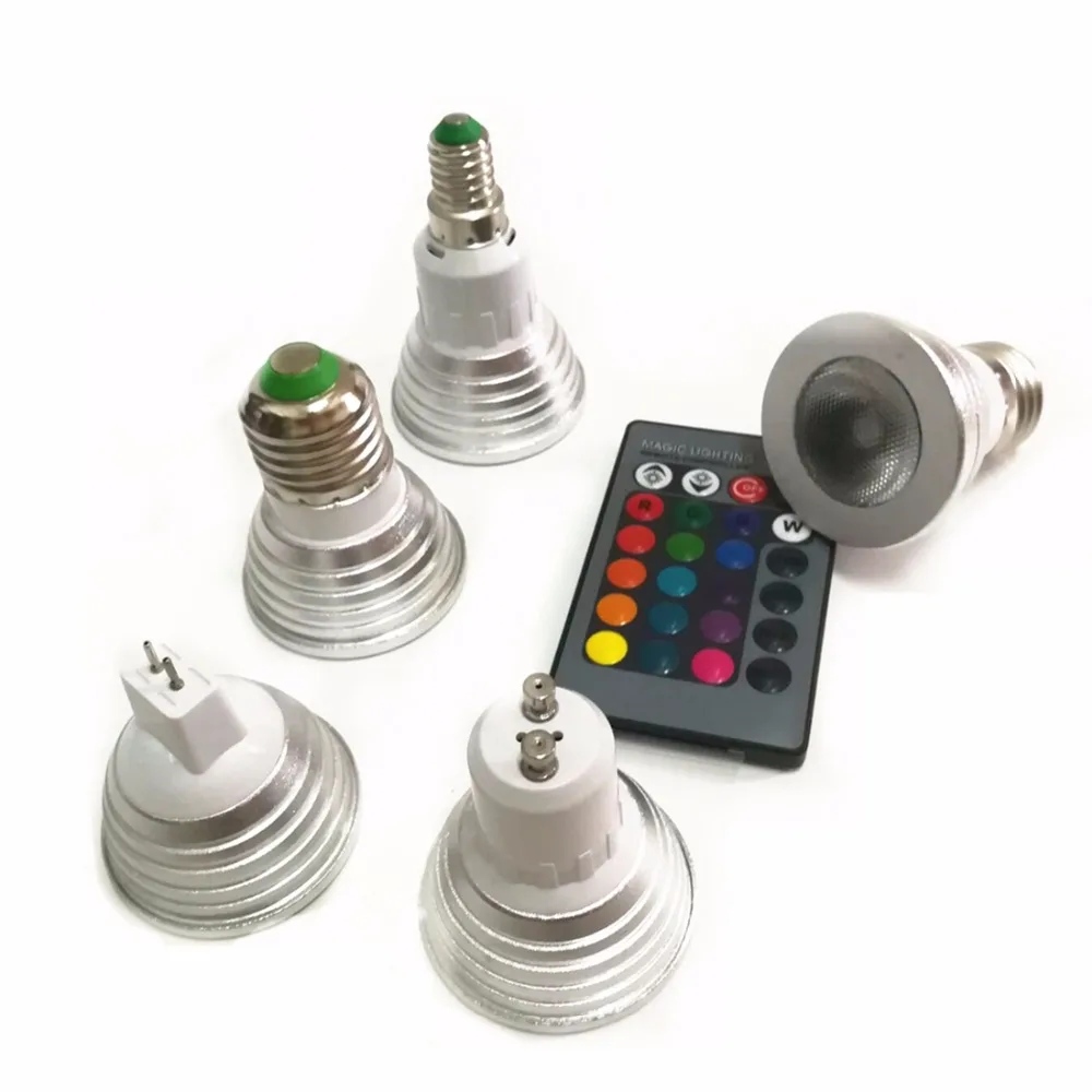Goedkoop Nieuwe E27 GU10 RGB LED Lamp Licht Bombillas 4 w 16 Kleur Veranderen MR16 E14 LED Lamp Spotlight Lampada met afstandsbediening Dimbare