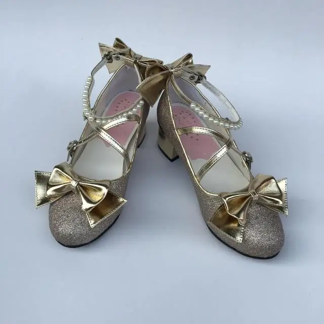 Womens-Shiny-Black-Silver-Sequin-Pumps-Bow-Strap-Cross-Pearl-Ankle-Strap-Princess-Lolita-Shoes-Custom-Tailor-Available- 5