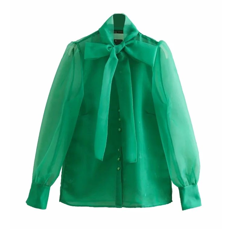 

Women High Street Bow Collar Transparent Organza Green Smock Shirt Blouses Women Long Sleeve Buttons Blusas Chemise Tops