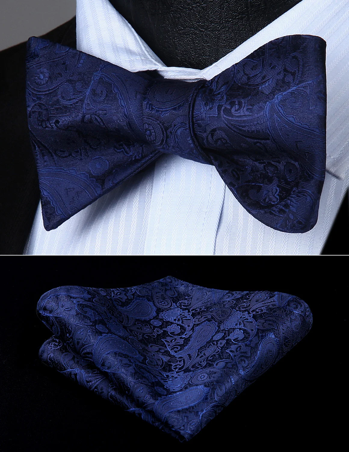 

BP711VS Navy Blue Paisley Bowtie Men Butterfly Silk Self Bow Tie handkerchief set