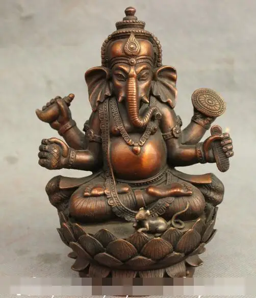 

S3761 6" Tibet Buddhism Pure Bronze Wealth Mammon God Ganesh Buddha Lotus Seat Statue