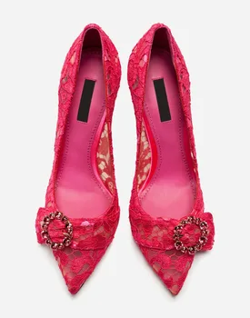 

elegant woman high quality flower lace pointed toe high heel shoes diamonds woman lace high heels red pink