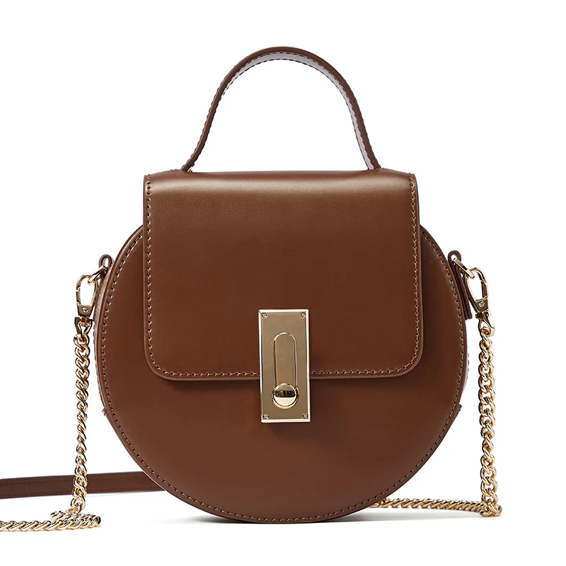 EMINI HOUSE, лоскут, спилок, кожа, верх-ручка, сумки, ремешок на цепочке, женская сумка на плечо, круглая форма, сплошной цвет, сумки через плечо для женщин - Цвет: Chocolate Brown