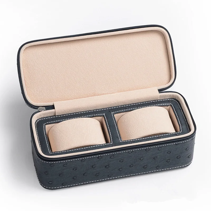 2/4 Slots Leather Watch Box With Zipper Ostrich Skin Watch Case Storage Box Blue Travel Case Luxury Organizer