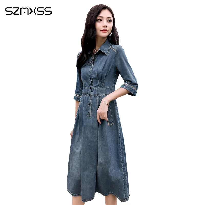 

2018 new autumn high quality dress women Turn-down Collar Threee Quarter sleeve denim dress stitching long dress