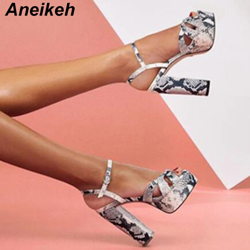 

Aneikeh 2019 Summer Fashion Snake Pattern Platform Buckle High Square Heels Sandals Women Gladiator Sandals Party Sexy Lady Shoe
