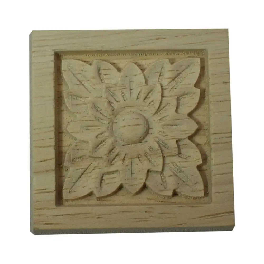 Natural Wood Appliques Square Flower Carving Decals Decorative