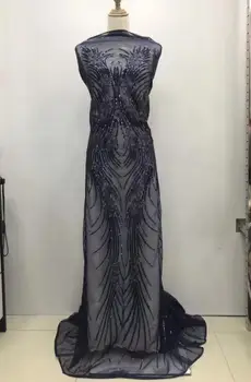 

2019 Latest African Tulle Lace High Quality African Cord Lace for nigerian wedding dress Navy blue sequins lace fabric