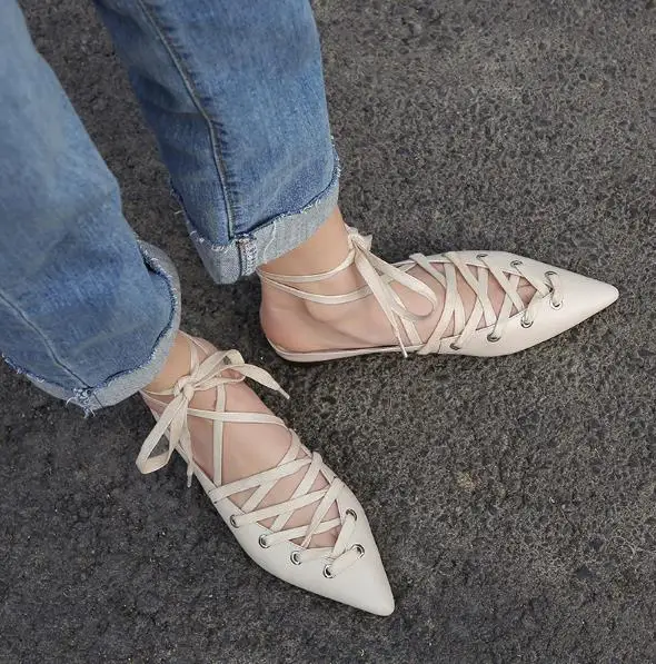 

2019 Fashion Pointed toe Flat Shoe For Woman in Cross Ankle Tied Lace up Mixed Color For Lady Spring Casual Women Flat