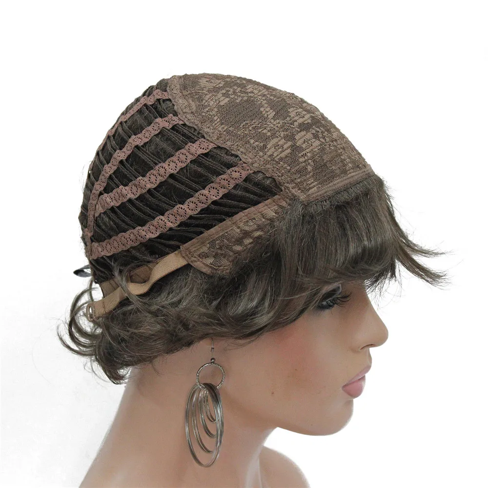 E-7125 #8 New Wavy Curly wig Medium Brown cloor 8# Short Synthetic Hair Full Women's wigs (6)