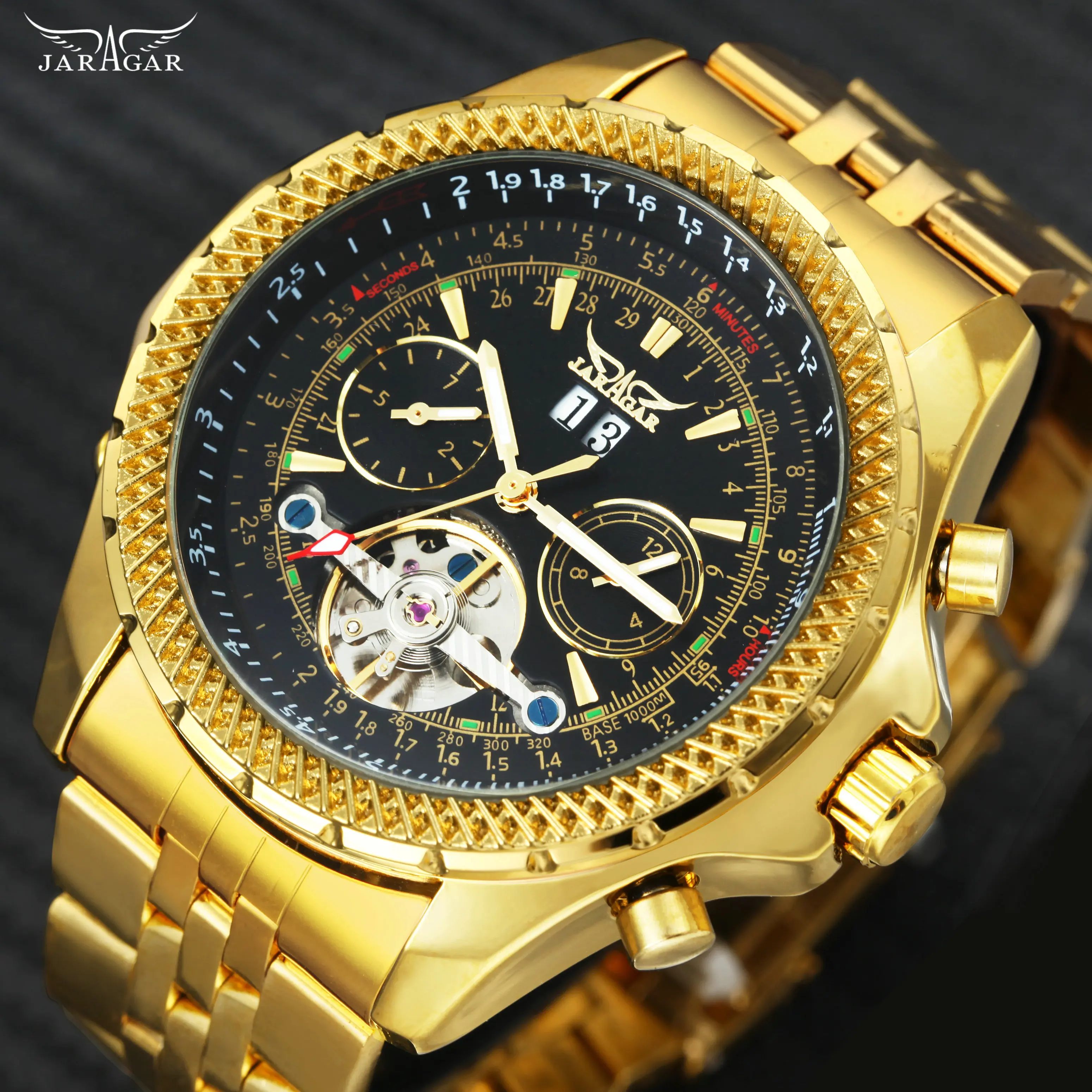 

JARAGAR Royal Golden Automatic Mechanical Watch Men Tourbillon Design 2 Sub-dials Display Top Brand Luxury Full Steel Wristwatch