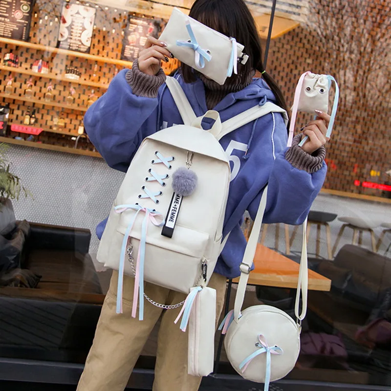 

Women's New Large Capacity Fashion Backpack Set 5 pieces Sweet Lace Up Pompon Backpack+Shoulder Bag+Pen Bag+Zipper Bag+Small Bag