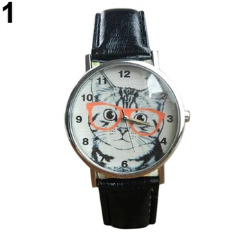 

Glasses Cat Pattern Faux Leather Band Analog Quartz Wrist Watch Women Xmas Gift