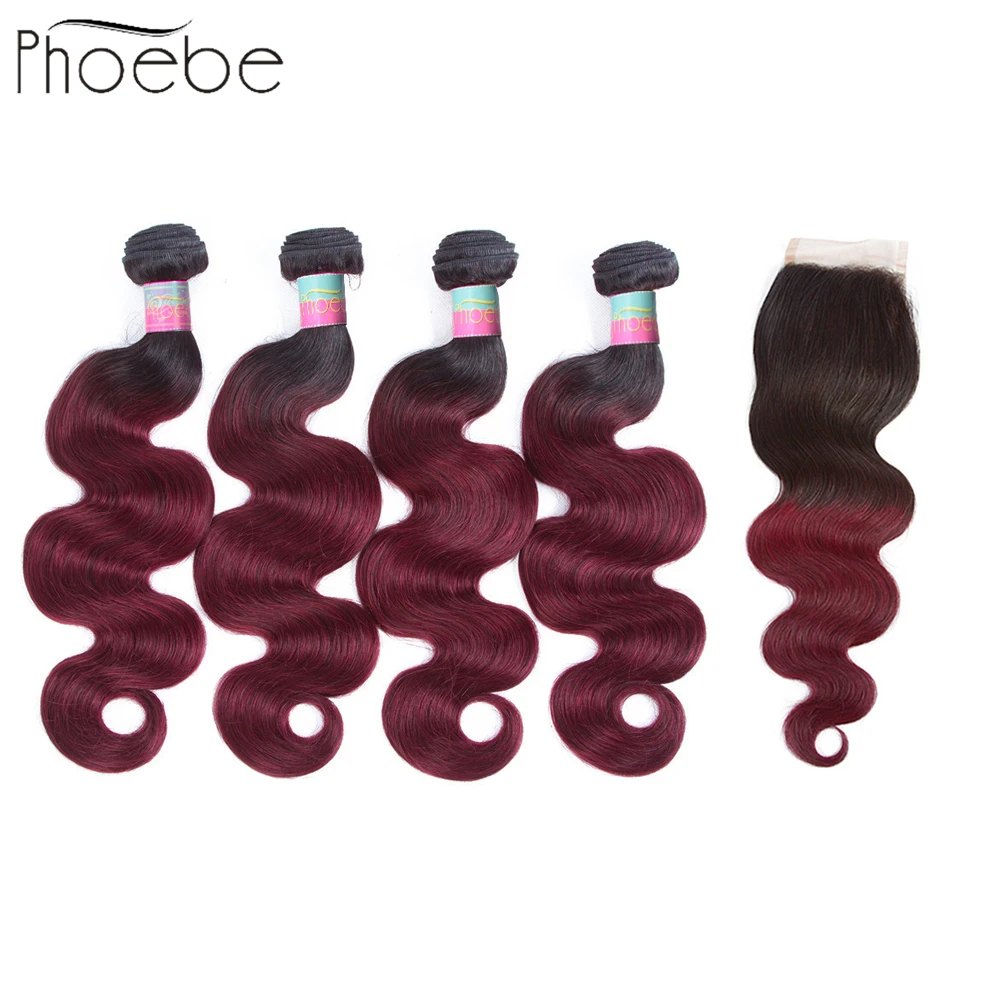 Phoebe Hair 1B-99J Peruvian Body Wave Ombre 4 Bundles With Closure Non-Remy Human 4*4 Lace | Шиньоны и парики