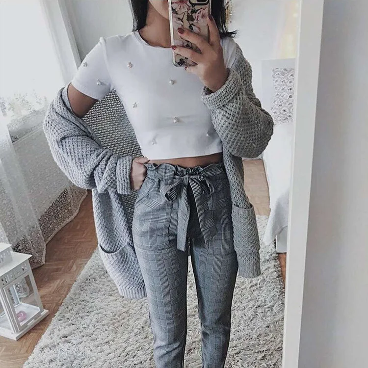 

2018 autumn and winter new women sweaters Europe and the United States long paragraph double pocket knit cardigan 66654