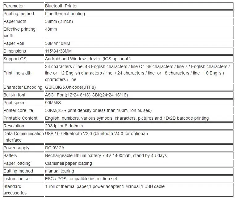 Портативный Android Bluetooth термопринтер 58 мм Размер