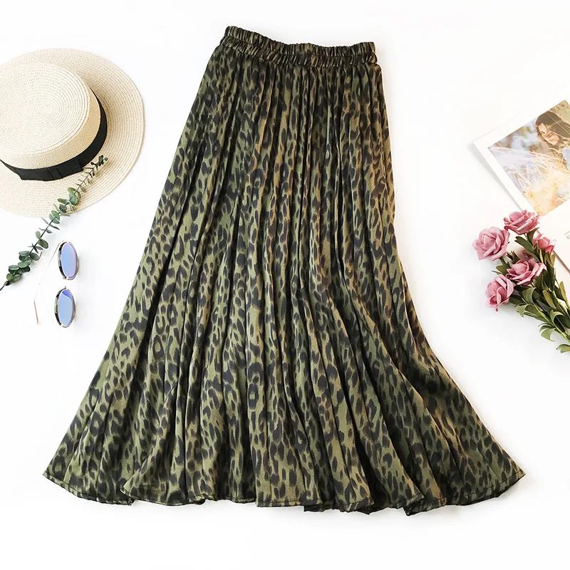 

Leopard Print Pleated Skirts Women 2019 Spring Summer Midi Long Korean Elegant High Waist A-line Sun Skirt Female