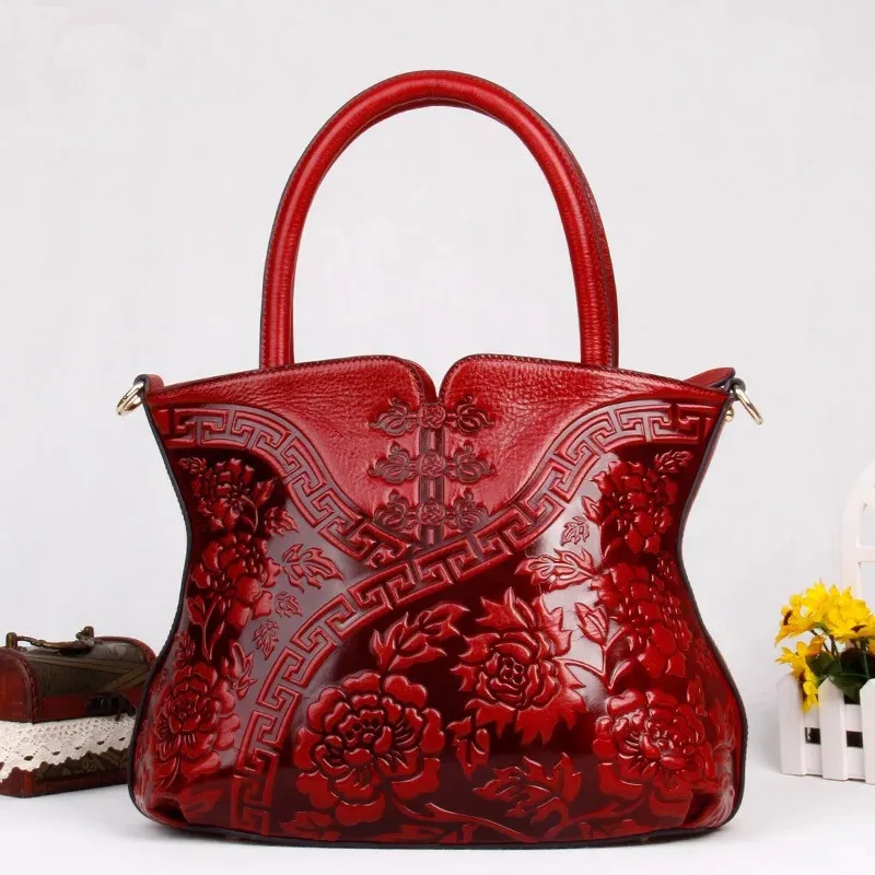 

Chinese Cheongsam Designer Lady Large Red Totes Handbag Genuine Leather Women's Single Shoulder Bag Embossed Female Floral Purse