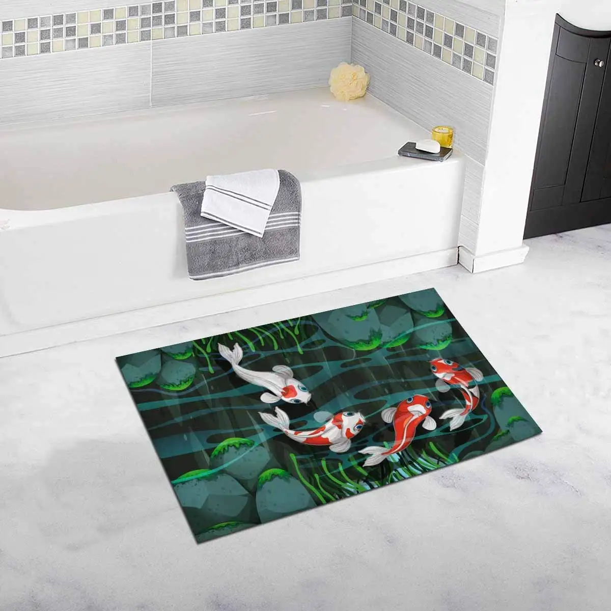 Japanese Koi Fish Swimming in The Pond Door Mats Kitchen Floor Bath