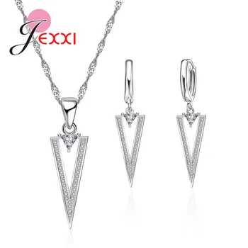 

Vintage Triangle Design Jewelry Set Woman Punk 925 Sterling Silver Pendant Fashion Zircon Rhinestone Necklace Earrings