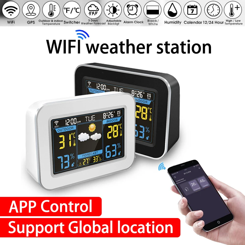 Wi-Fi Метеостанция Беспроводная метеостанция термометр гигрометр часы погоды ЖК-дисплей цветной экран дисплей приложение управление