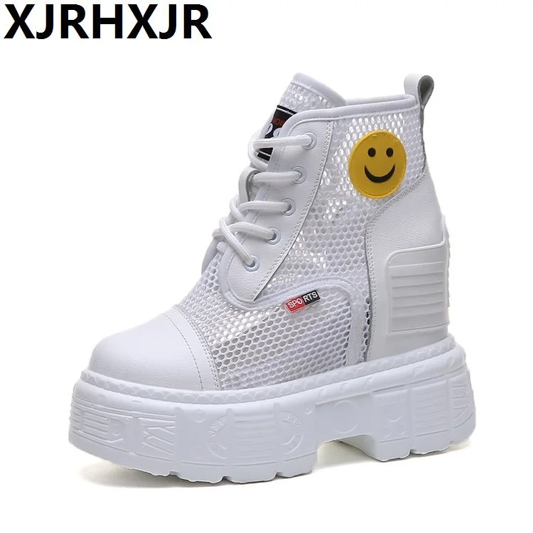 

Summer High Top thick-soled platform mesh breathable lace fashion ladies soft-soled black PU high-heeled Sneakers Women Shoes