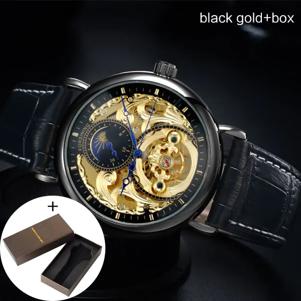 black-goldbox FORSINING мужские часы Топ бренд класса люкс Tourbillon часы с скелетом мужские спортивные кожаный браслет автоматические механические наручные часы - Цвет: black-goldbox