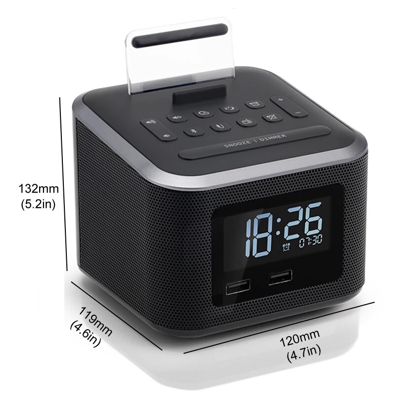 Будильник Радио, беспроводной Bluetooth динамик, цифровой будильник спальня часы с подставкой для сотового телефона/диммер/Функция резервного копирования батареи