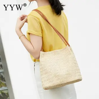 

Bohemian Pu Rope Straw Bags For Women Big Square Beach Handbags Summer Vintage Rattan Bag Handmade Kintted Travel Bags white