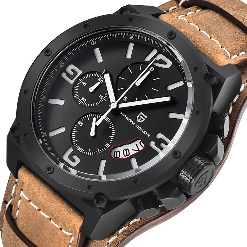 

PAGANI DESIGN Top Brand Unique Design Fashion Watches Men Dive 100M Sport Military Leather Wristwatches Large Dial Quartz Watch