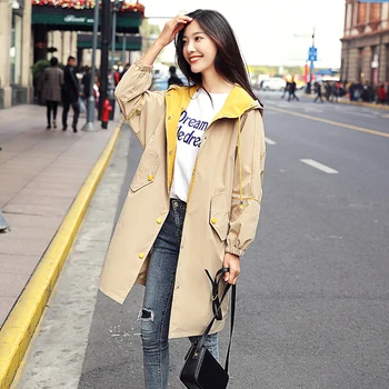 

Hooded fashion simple wild Korean loose women's jacket 2019 new single-breasted office lady long women's windbreaker B068
