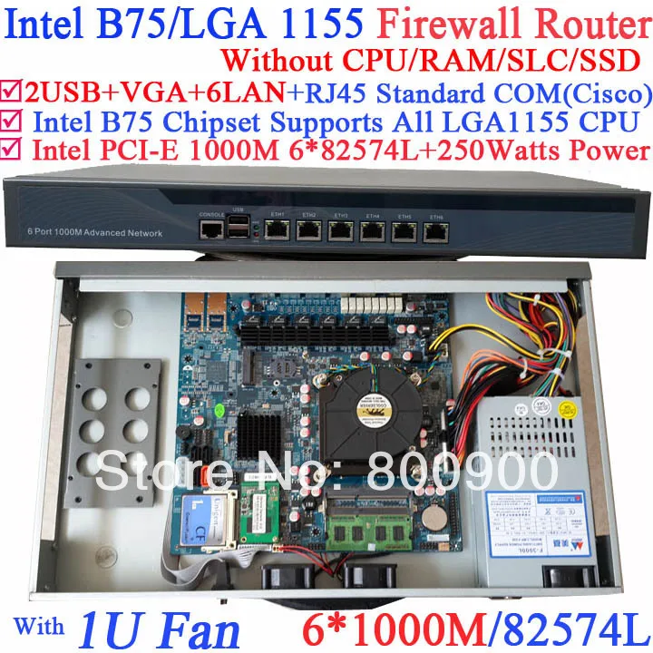 

integrated routing 1U Network Firewall router Barebone PC with six Intel PCI-E 1000M 82574L Gigabit Lan Intel B75 Chipset NO CPU