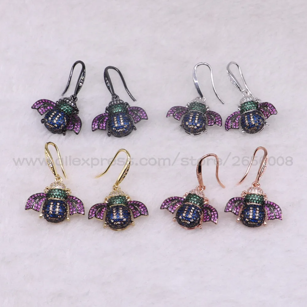 

4 Pairs Fashion inset earrings Beetles tiny bugs earrings Mix color micro pave Cubic zircon metal inset jewelry earrings 3316